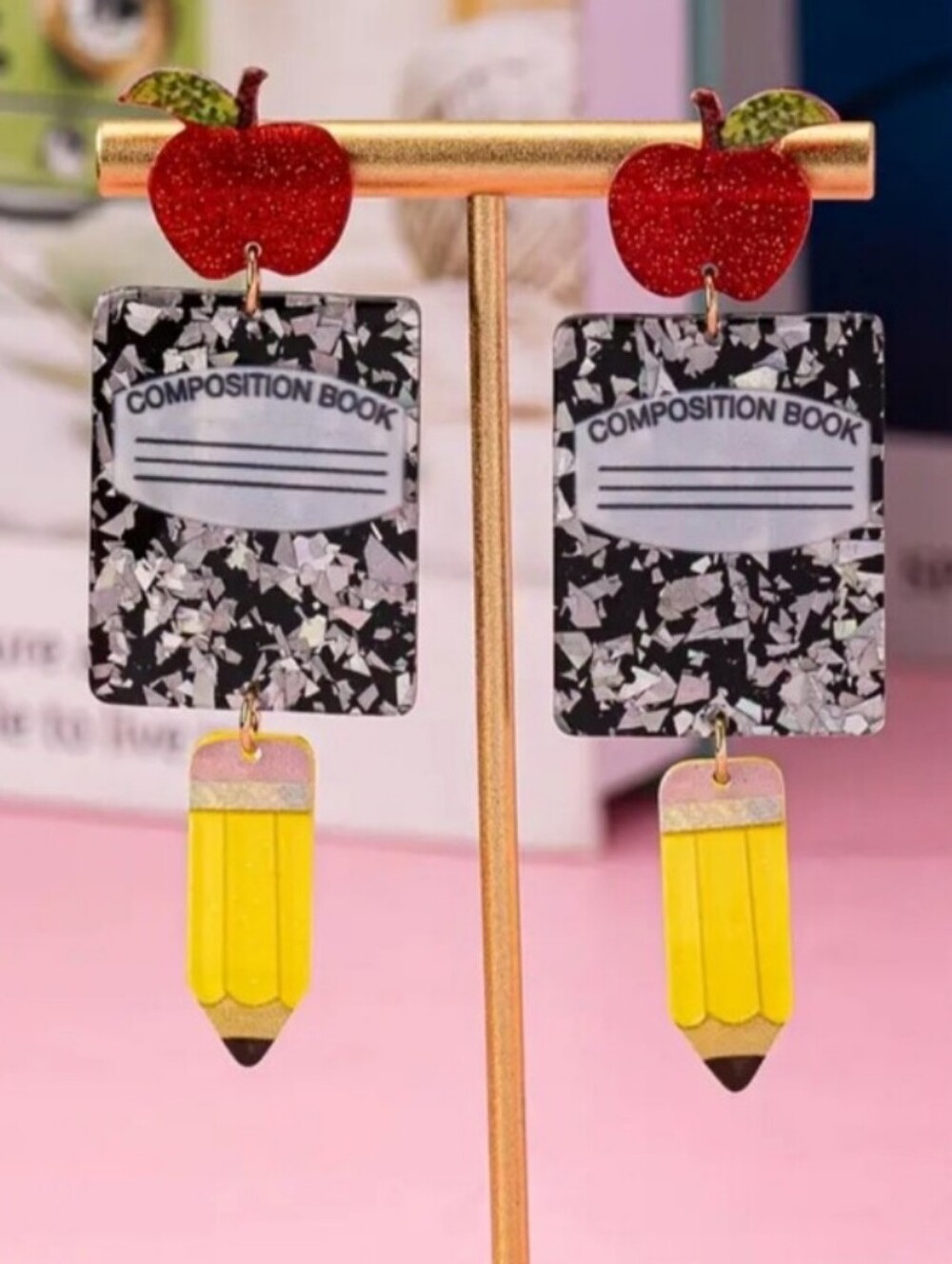 Playful Composition Book & Pencil Dangle Earrings - Black, Red, Yellow, White - Picture 4 of 4